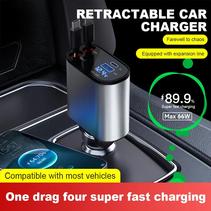 : Carregador Rápido 4 em 1 para Carro - Super Carga Rápida com Display Digital